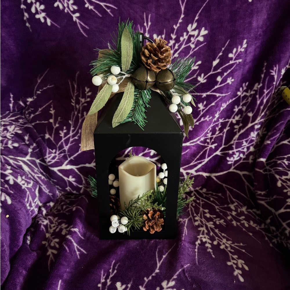 Christmas Lantern with Greenery and Pinecones
